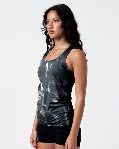 Women's black marble gym tank in mauve with a white LYFTLYFE logo and racerback cut.