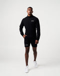 Black men’s activewear shorts with moisture-wicking fabric and ergonomic squat-proof design.