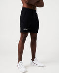 Side angle of black men’s shorts with 4-way stretch material, reflective branding, and invisible pocket detail.