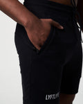 Detailed shot of the secure invisible pocket with locking zipper on men’s black lightweight performance shorts.
