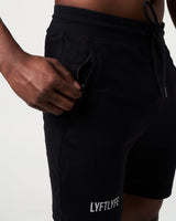 Close-up of the secure invisible pocket with locking zipper on men’s black lightweight performance shorts.