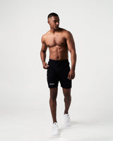 Men’s black Breathe Shorts featuring a minimalist reflective Lyftlyfe logo, wide waistband, and adjustable tonal drawstring.