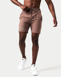 Men’s brown Breathe Shorts featuring a minimalist reflective Lyftlyfe logo, wide waistband, and adjustable tonal drawstring.
