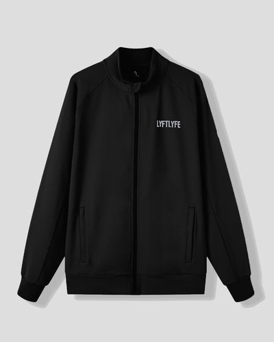 Black jacket with 'LYFTLYFE' logo on a light gray background