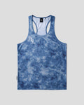 Blue tie dye racerback tank top with white LL logo on a light grey background.