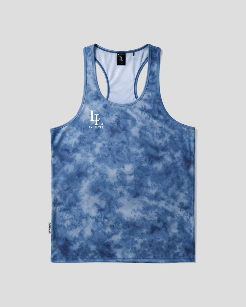 Blue tie dye racerback tank top with white LL logo on a light grey background.