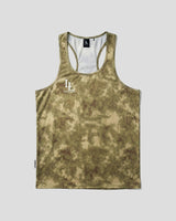 Green tie dye racerback tank top with white LL logo on a light grey background.