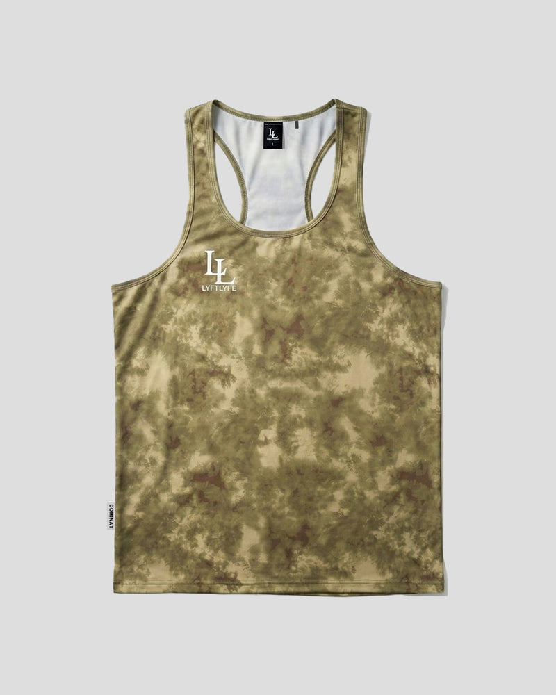 Green tie dye racerback tank top with white LL logo on a light grey background.