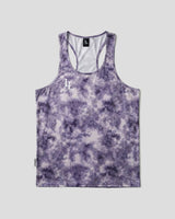 Purple tie dye racerback tank top with white LL logo on a light grey background.