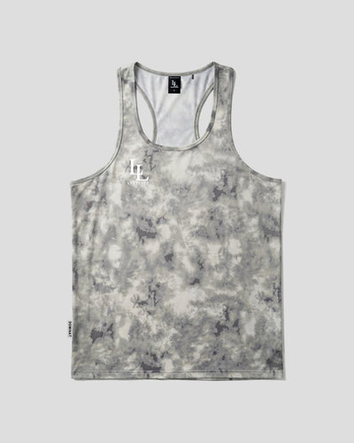 Grey tie dye racerback tank top with white LL logo on a light grey background.