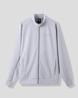 Light gray jacket with a brand logo on a light gray background