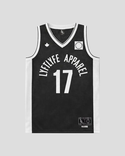 Black basketball jersey with 'LYFTLIFE APPAREL' and number '17' on a light gray background