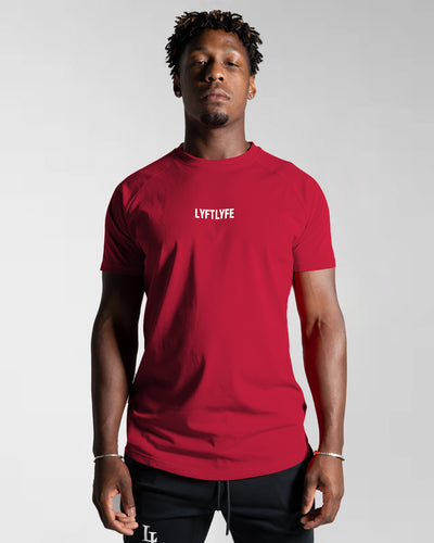 Imperial red LYFTLYFE contour t-shirt with white logo on light grey background.