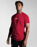 Left side view of Men’s Contour T-Shirt in red, crafted with moisture-wicking fabric and a fitted cut for everyday movement.