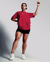 Relaxed-fit Contour Women’s Oversized Tee in red, offering cooling properties, premium stitching, and all-day breathability.