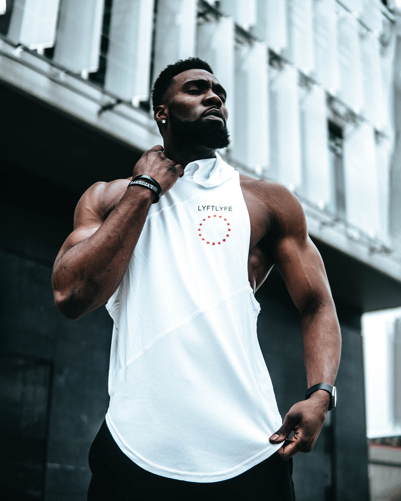 Mens sleeveless hoodie in a 3 panel design in an all white colorway.