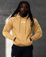 Front shot of men's Elite hoodie in yellow, featuring plush fleece and tonal drawstrings.