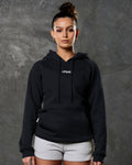 Women's black full-length hoodie with center LYFTLYFE logo and drawstrings.