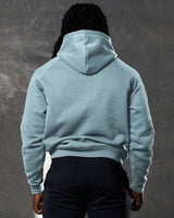 Right side view of slate LYFTLYFE hoodie showing sleeve fit and minimal branding.