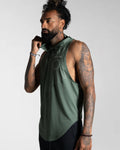 Side view of Men’s green sleeveless hoodie,  featuring a hood, wide arm openings, and the Lyftlyfe logo on the left chest.
