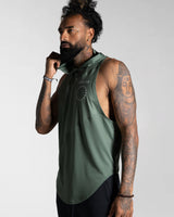 Side view of Men’s green sleeveless hoodie,  featuring a hood, wide arm openings, and the Lyftlyfe logo on the left chest.