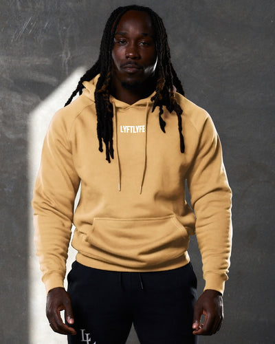 Men's yellow LYFTLYFE hoodie front view with centered white logo and drawstrings.