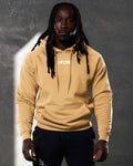 Men's yellow LYFTLYFE hoodie front view with centered white logo and drawstrings.