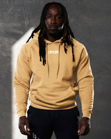 Men's yellow LYFTLYFE hoodie front view with centered white logo and drawstrings.