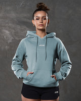 Front view of fitted fleece hoodie in slate color with LYFTLYFE chest branding.