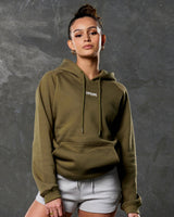 Women's green full-length hoodie with center LYFTLYFE logo and drawstrings.