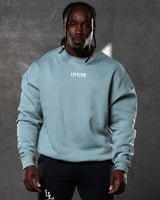 Front-facing men’s light blue crewneck featuring ribbed cuffs, a centered Lyftlyfe logo, and ultra-plush fleece for comfort.