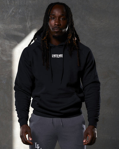 Men's black Elite LYFTLYFE hoodie front view with centered white logo and drawstrings.