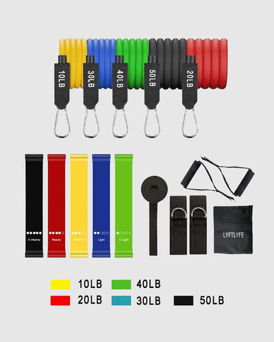 Flat lay of complete LYFTLYFE resistance band set including five latex bands, five loop bands, accessories, and carry bag.