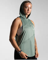 Right side view of Women’s Dominance Sleeveless Hoodie in green, featuring a lightweight hood and breathable performance fabric.