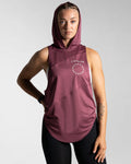 Women’s sleeveless gym tank top in prune, highlighting its lightweight mesh panels and moisture-wicking properties.