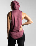 Back view of Women’s Dominance Cut Sleeve tank in prune, featuring a scoop hem and breathable tri-blend mesh panels for airflow.