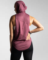 Back view of Women’s Dominance Cut Sleeve tank in prune, featuring a scoop hem and breathable tri-blend mesh panels for airflow.