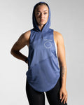 Women’s Dominance Sleeveless Hoodie in blue, featuring a lightweight hood and breathable performance fabric.