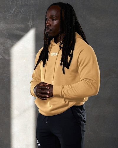 Men's yellow LYFTLYFE hoodie front view with centered white logo and drawstrings.