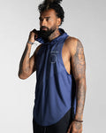 Left side view of the blue sleeveless hoodie, highlighting its breathable material and ergonomic scoop hem.