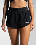 Performance-focused high-rise black shorts with 3D logo and stretch waistband.