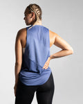 Back view of Women’s blue Dominance Cut Sleeve tank top, featuring lightweight tri-blend fabric with antibacterial and anti-odor technology.