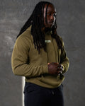 Men's green fleece hoodie left side view with relaxed fit and ribbed cuffs.