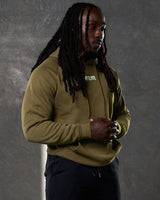 Men's green fleece hoodie left side view with relaxed fit and ribbed cuffs.