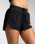 Left side profile of black women's HIIT shorts highlighting curved leg cut and side panel.