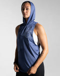 Left side view of Women’s Dominance Sleeveless Hoodie in blue, featuring a lightweight hood and breathable performance fabric.