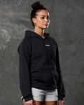 LYFTLYFE women’s black hoodie with pocket detail from the right side angle.