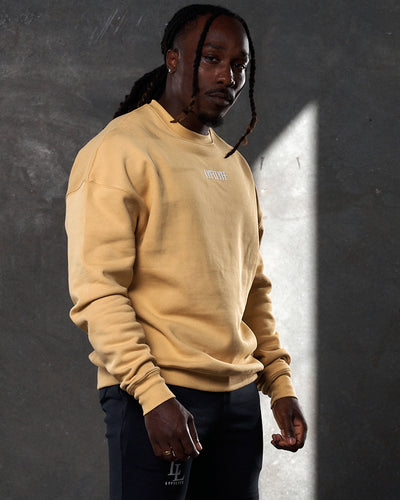 Men’s ultra-soft yellow crewneck sweater with oversized fit, cotton-polyester blend, and bold 3D Lyftlyfe branding.