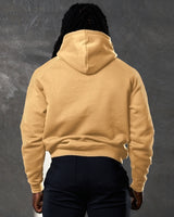 Elite men's hoodie in yellow, back detail with plush finish and dropped shoulder design.