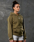 Right side view of green hoodie showing kangaroo pocket and tonal drawstrings.